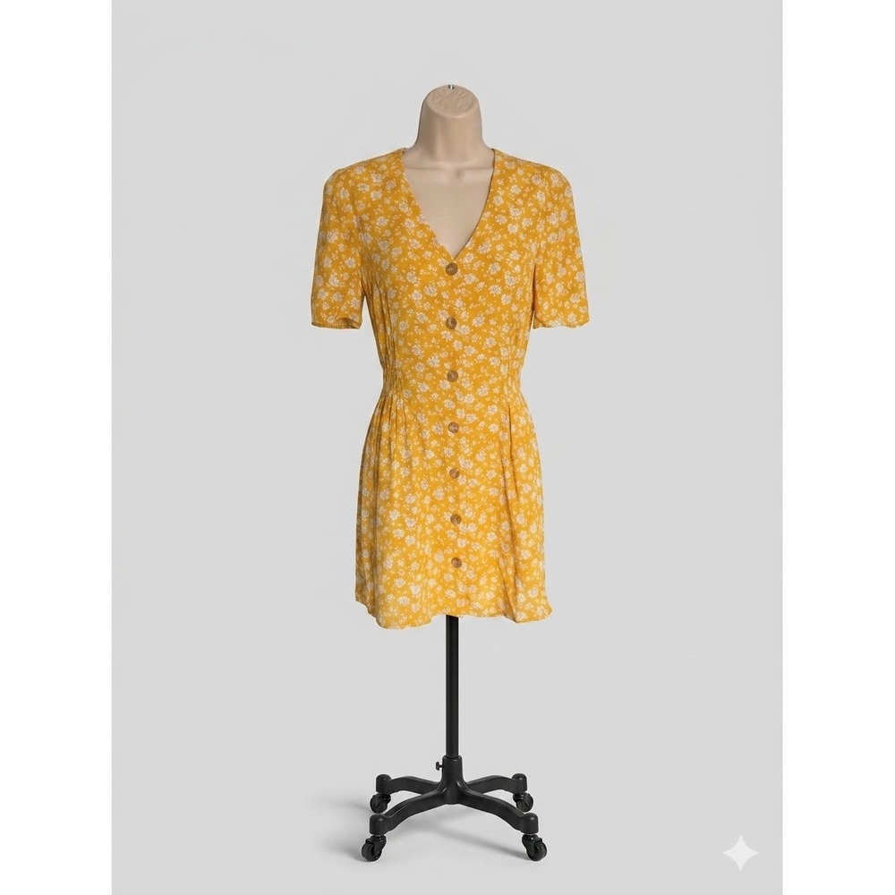 Abound Mustard Yellow Floral Button Front Mini Dress V-Neck Smocked Waist Small